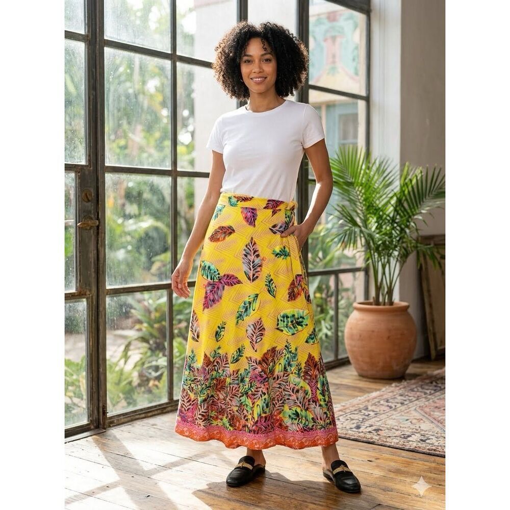 Sigal bright yellow wrap maxi skirt tropical leaf print All Sizes